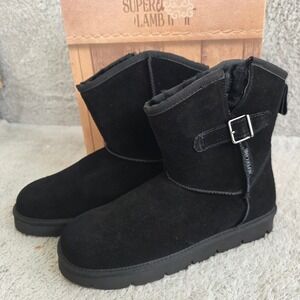 SuperLamb Argali Black Suede Sheepskin Lined Winter Boots Women 10 Narrow NEW